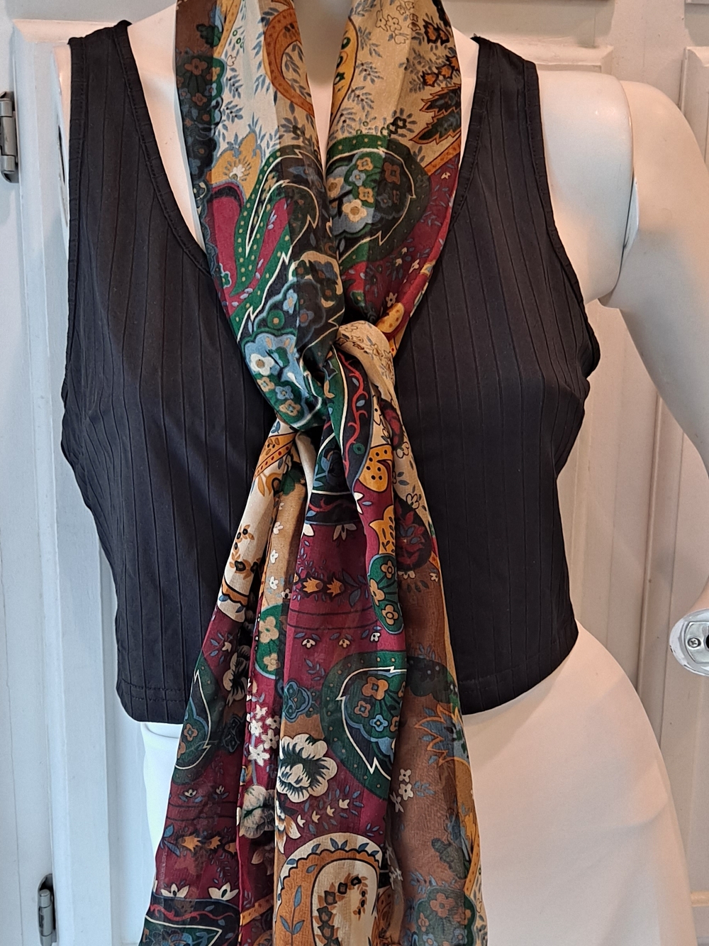 Cejon Multicolor Paisley Silk-Feel Scarf with Burgundy, Green & Gold Accents